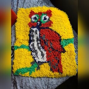 Colorful Handmade Vintage Owl Hooked Rug Art